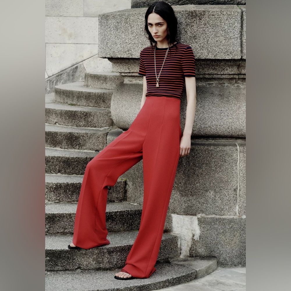 Zara Red Wide Leg Women's Pants Size Small NYE Holiday - Picture 2 of 4